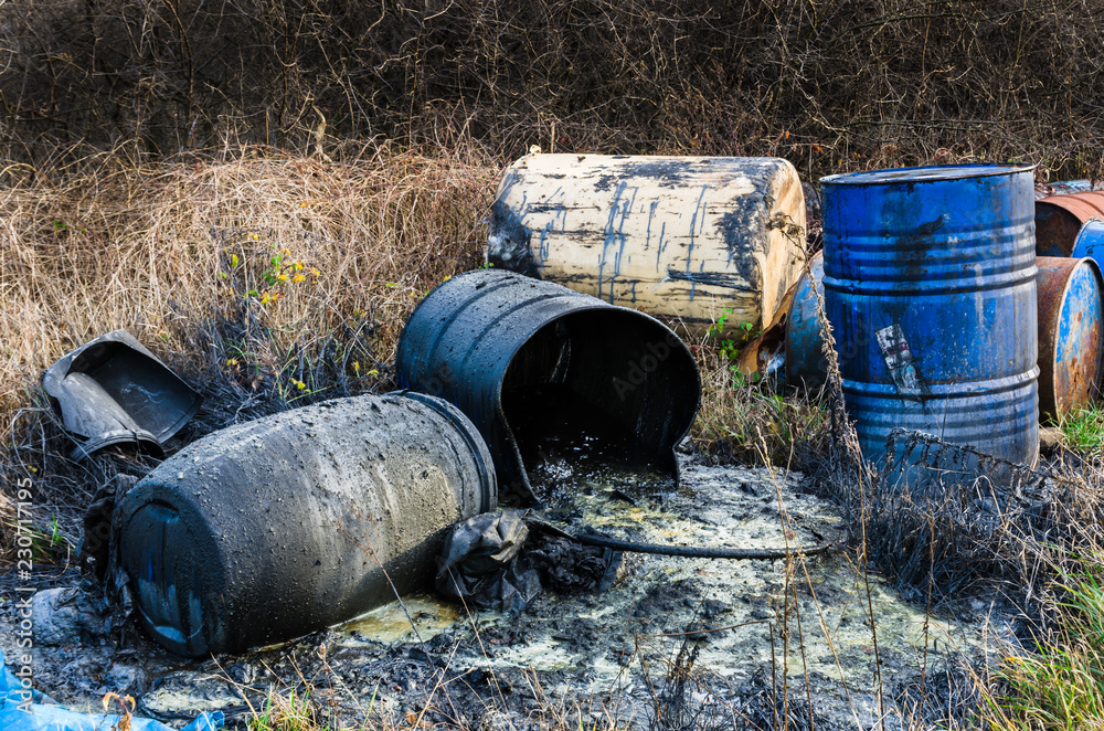 Barrels of toxic waste in nature - obrazy, fototapety, plakaty 