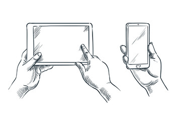 Hands hold smartphone and tablet, vector sketch illustration. Mobile phone empty screen. Business communications concept