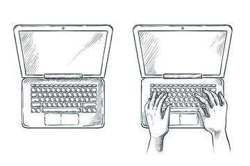 Human hands on laptop keypad, vector sketch illustration. Freelance job, programming concept.