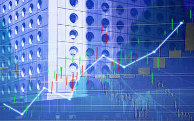 Stock market chart shown in financial building, business background. (blue bull chart)