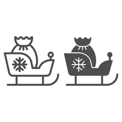 Poster - christmas sleigh with gifts line and glyph icon. santa sledge vector illustration isolated on white.