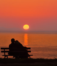 Silhouette Of Man And Woman, Couples Hugging, Sunset In Autumn
