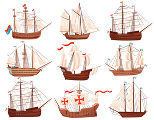 Wall Mural - Flat vector set of old wooden ships. Large marine vessels with sails and flags. Sea and ocean theme