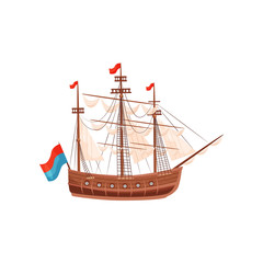Wall Mural - wooden ship with beige sails and bright flags. marine vessel. sea and ocean theme. flat vector eleme