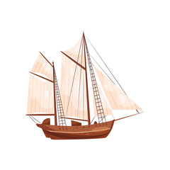 Wall Mural - old wooden ship with big beige sails. sailing vessel. sea craft. flat vector element for poster or m