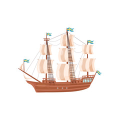 Wall Mural - large wooden ship with beige sails and blue flags with yellow crosses. large sea craft. marine theme
