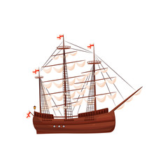 Wall Mural - old wooden ship with sails and flags with red crosses. big marine vessel. element for middle ages th