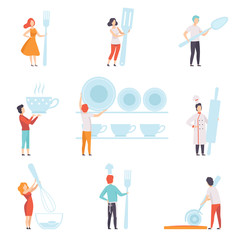 Wall Mural - People holding giant kitchen tools set, faceless man and woman standing with kitchenware vector Illustration on a white background