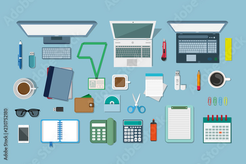 Fotografía workplace concept, working place design in a flat style, workplace equipment, co