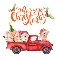 Wall Mural - Merry Christmas watercolor card with red truck, pigs and Santa. Hand drawn  lettering quote