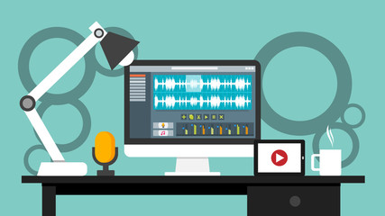 Workplace of sound and video editor interface software application on computer monitor. recording and editing process with wave digital display and buttons on screen. vector illustration
