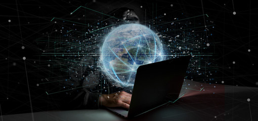 Poster - Man holding Connection around a world globe isolated 3d rendering