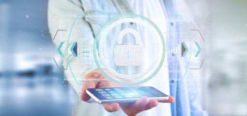 Poster - Man holding a padlock web security concept 3d rendering
