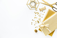 Flat Lay On White Background With Golden Deco