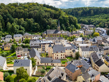 Elevated Panoramic View To The Town Of Larochette, Fiels Or Fels In Luxembourg From Larochette Castle