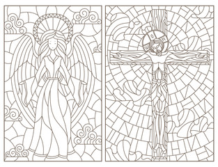 Wall Mural - Set of contour illustrations of stained glass Windows on religious theme, Jesus Christ and angel, dark contours on white background