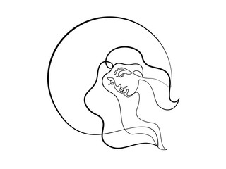 Wall Mural - Continuous one different wide line drawing. Abstract portrait of pretty young woman with beautiful hair in round. Vector illustration