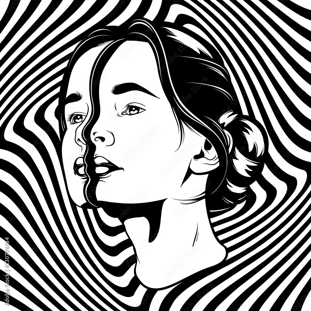 Vector hand drawn illustration of young beautiful woman. Template for ...