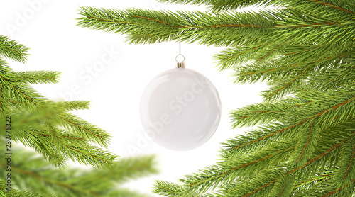 Cuadros en Lienzo Blank white new year ball hanging on christmas tree mockup, depth of field, 3d rendering