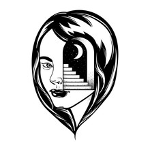 Vector Hand Drawn Illustration Of Female Head With Door And Stairway. Tattoo Artwork. Template For Card, Poster, Banner, Print For T-shirt.