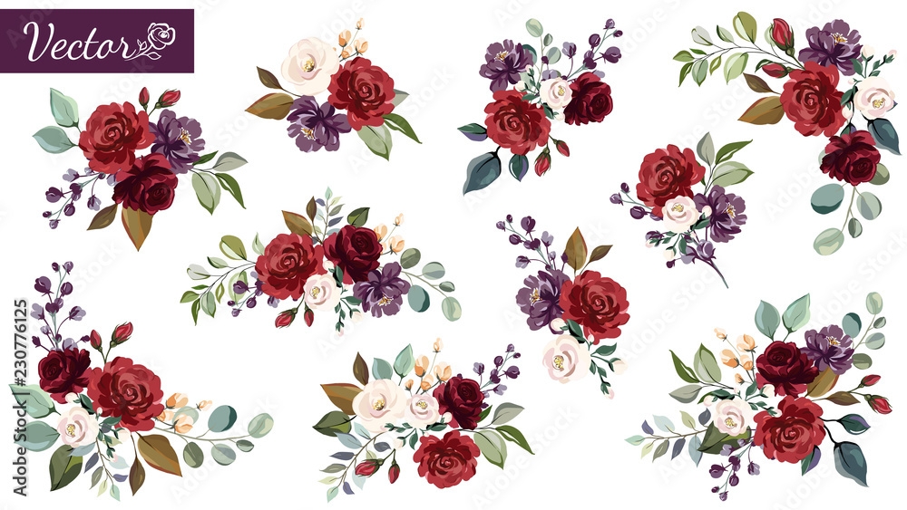 Set of floral branch. Flower red, burgundy, purple rose, green leaves. Wedding concept with flowers. Floral poster, invite. Vector arrangements for greeting card or invitation design - obrazy, fototapety, plakaty 