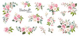 Fototapeta  - Set of floral branch. Flower pink rose, green leaves. Wedding concept with flowers. Floral poster, invite. Vector arrangements for greeting card or invitation design