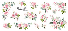 Set Of Floral Branch. Flower Pink Rose, Green Leaves. Wedding Concept With Flowers. Floral Poster, Invite. Vector Arrangements For Greeting Card Or Invitation Design