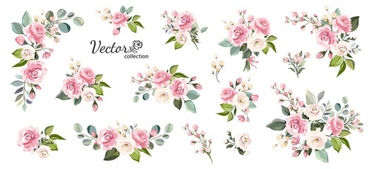 set of floral branch. flower pink rose, green leaves. wedding concept with flowers. floral poster, i