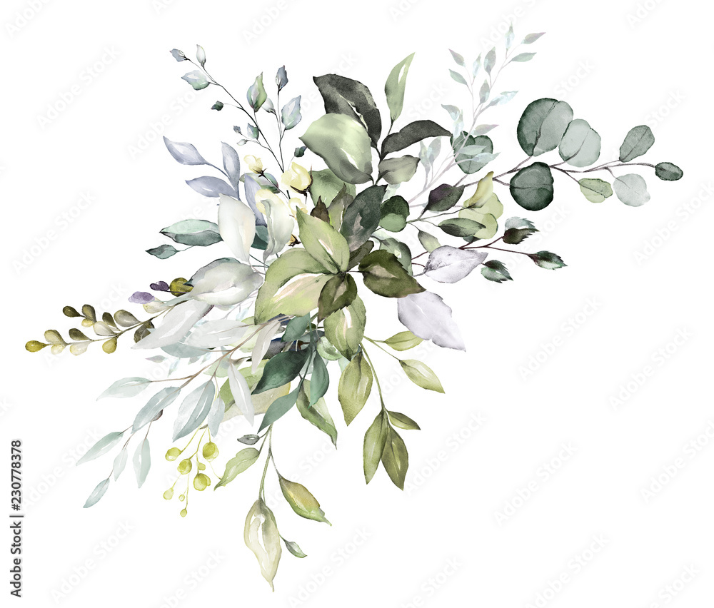  watercolor floral arrangements with leaves, herbs.  herbal illustration. Botanic composition for wedding, greeting card. - obrazy, fototapety, plakaty 
