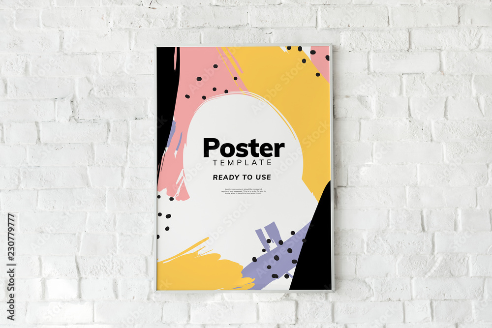 Colorful poster template on a white brick wall - obrazy, fototapety, plakaty 
