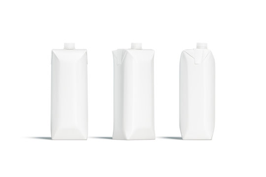 Blank white prisma juice pack with lid mockup set,  different sides,  3d rendering. Empty milk pack mock up,  stand isolated. Clear aseptic box with cap for fresh drink. Packet with yogurt template.