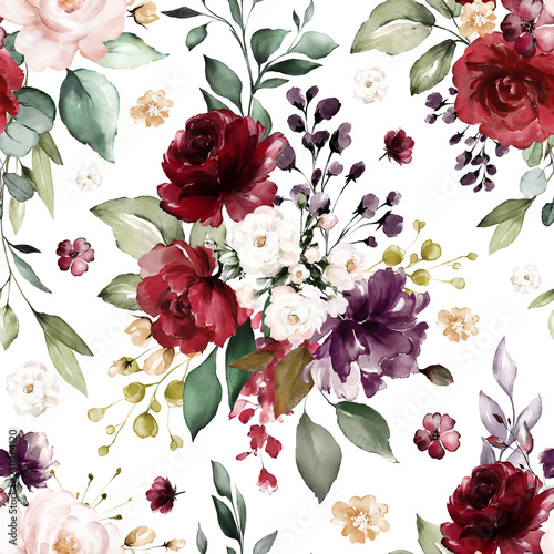 Seamless pattern with burgundy flowers and leaves. Hand drawn