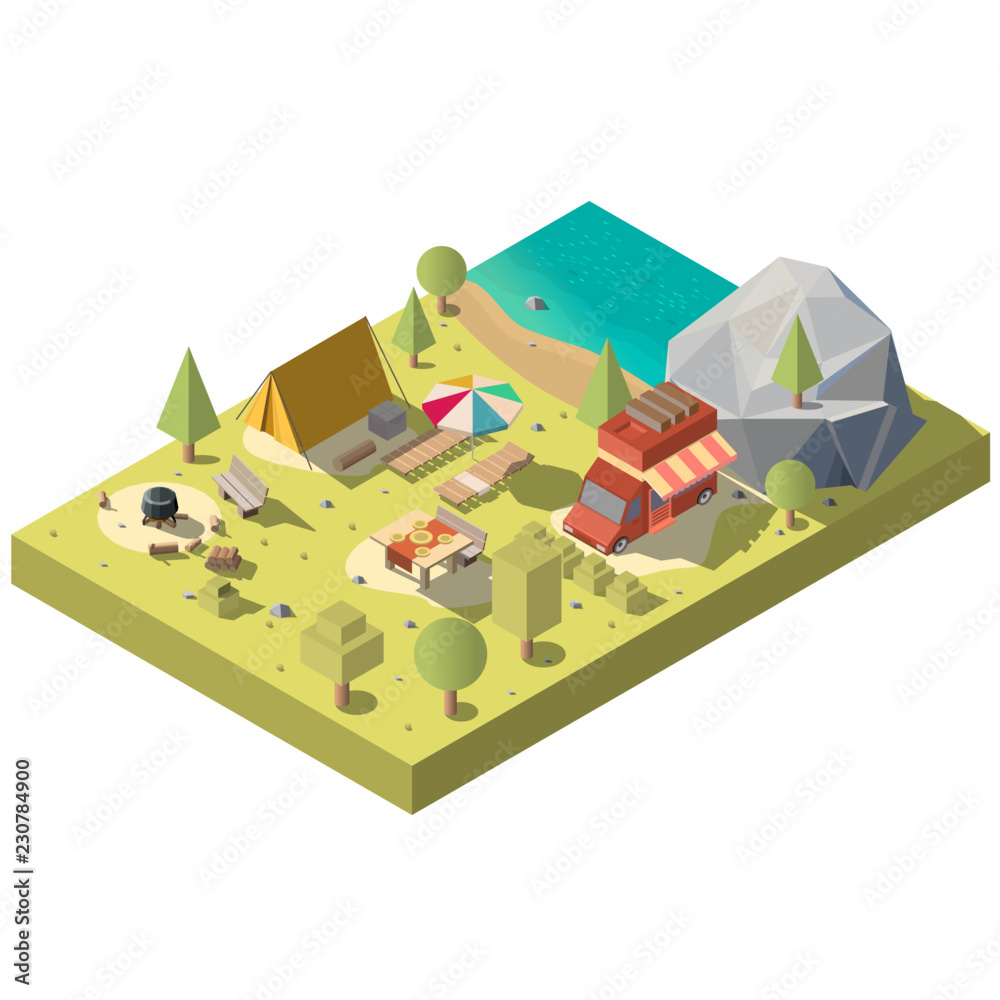 Vector 3d isometric territory for camping near the beach. Camp with ...