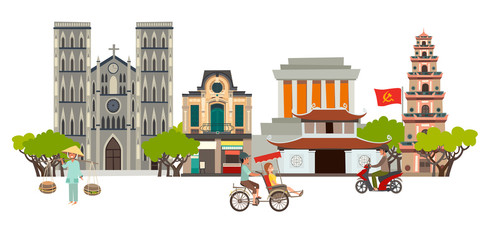 Wall Mural - Vietnam city skyline vector art. Abstract street with Pagoda and Church, traditional house. People on motorbike and asian woman. Travel and tourist attraction. Isolated on white background