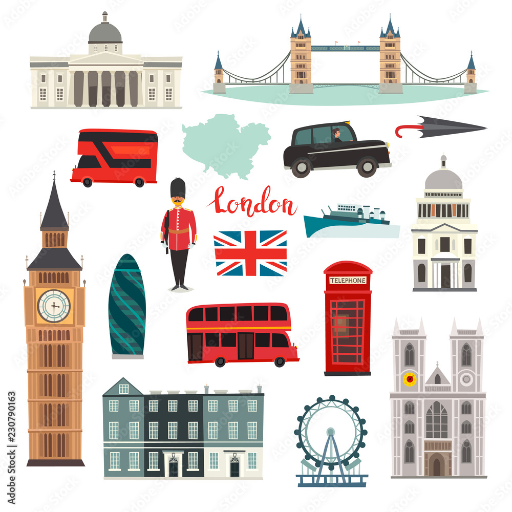 London vector illustration set. Cartoon United Kingdom icons. London tourist landmarks. Tower bridge art. London symbols red phone booth and bus. Isolated on white background - obrazy, fototapety, plakaty 
