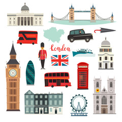 London vector illustration set. Cartoon United Kingdom icons. London tourist landmarks. Tower bridge art. London symbols red phone booth and bus. Isolated on white background