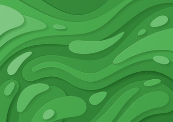 Wall Mural - Abstract paper cut green background with wavy layers; Realistic carving art; Vector 3d template; Material design concept.