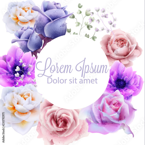Rose flowers round frame Vector. Beautiful vintage pastel colors floral decors