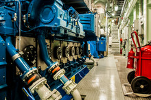 Equipment, Cables, Pipes And Valves In Engine Room Of A Ship Power Plant