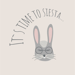 Wall Mural - Vector Illustartion with cute animal on black background. Funny bunny. Retro style.It`s time to siesta phrase. Perfect fo kids cards, posters, book illustration and other design projects. EPS10