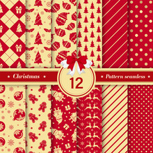 Merry Christmas Pattern Seamless Collection. Set Of 12 X-mas Winter Holiday Background In Red And Gold Colors. Vector Illustration.