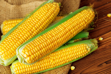 Raw corn on a wooden table