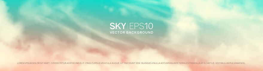Wall Mural - narrow horizontal vector banner with realistic pink-blue sky and cumulus clouds. the image can be us