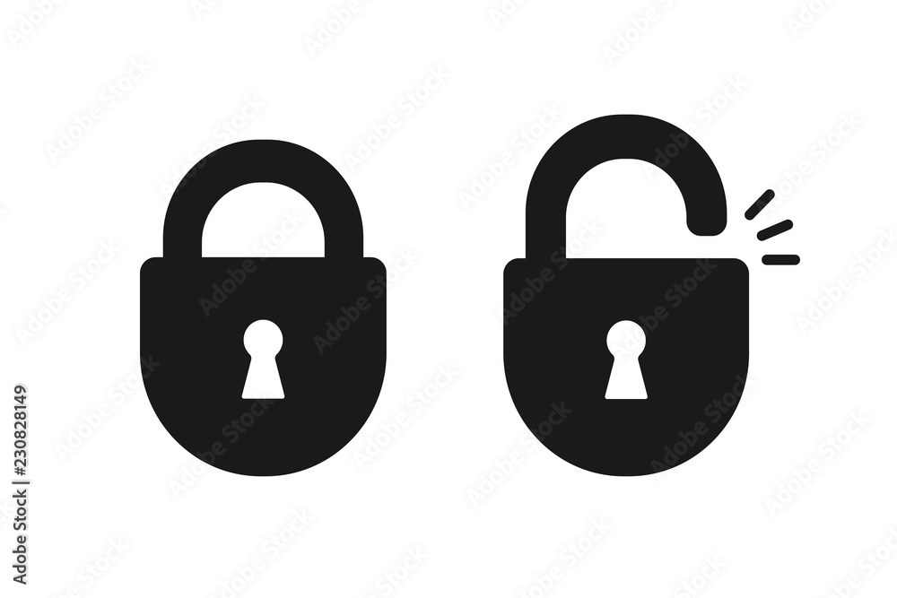 Black isolated icon of locked and unlocked lock on white background. Set of Silhouette of locked and unlocked padlock. Flat design. - obrazy, fototapety, plakaty 