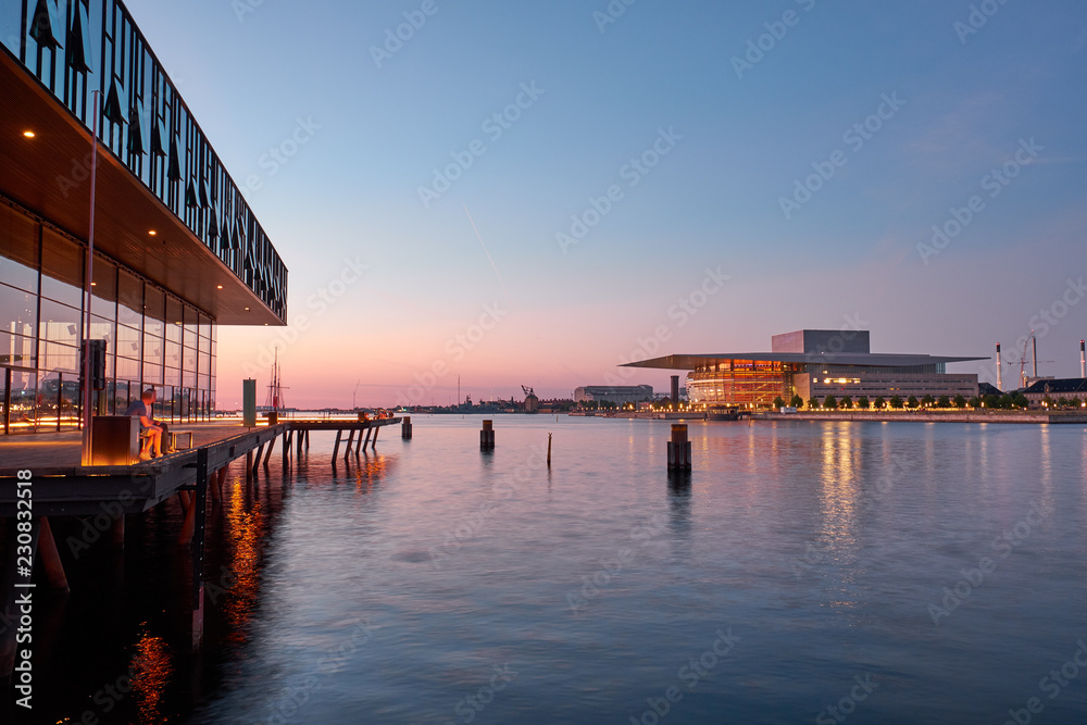 Obraz na płótnie The Royal Danish Playhouse  and The Copenhagen Opera House  in Copenhagen at night w salonie