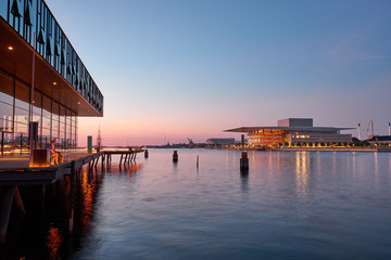 The Royal Danish Playhouse  and The Copenhagen Opera House  in Copenhagen at night