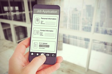 Poster - Composite image of female hand holding a smartphone