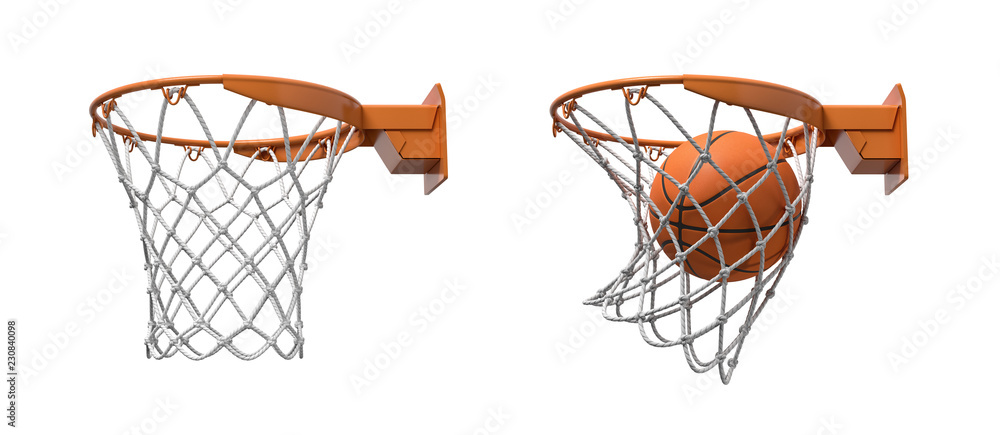3d Rendering Of Two Basketball Nets With Orange Hoops, One Empty And One  With A Ball Falling Inside Wall Mural-gearstd