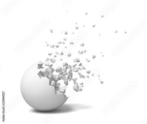 Cuadros en Lienzo 3d rendering of an isolated white round ball getting deteriorated with small pieces flying up