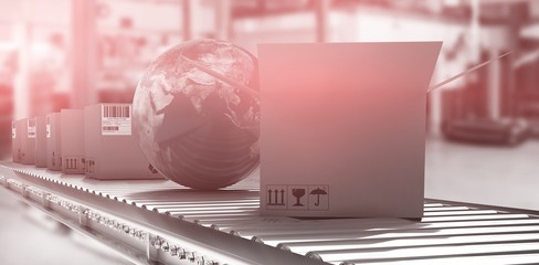 Poster - Composite image of globe amidst cardboard boxes on 3d conveyor